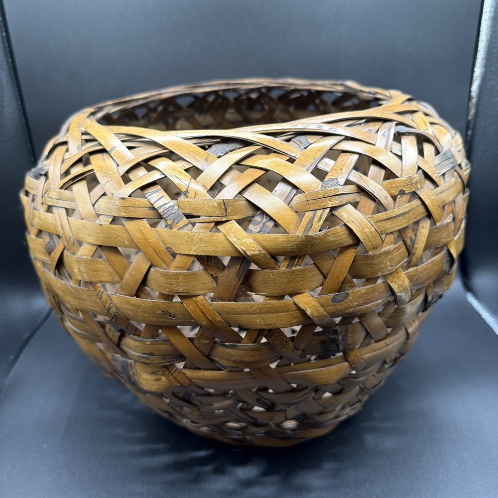 Large Vintage Asian Hand Woven Bamboo Natural Wood Basket 10.5" Tall